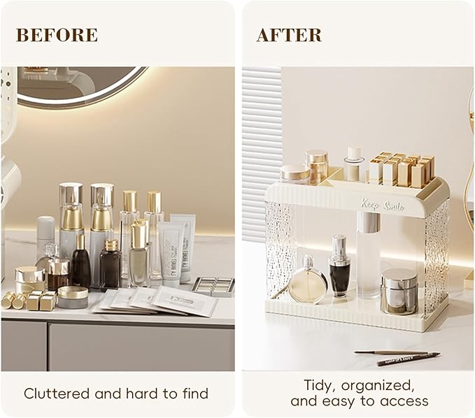 Bathroom Countertop Organizer, 2 Tier Makeup Storage Counter Shelf, Perfume Stand Vanity Holder Skincare Cosmetic Lipstick Dresser Office Tray for Bedroom Living Room Dressing Table, Acrylic
