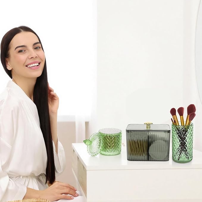 3 Pcs Qtip Holder Dispenser Bathroom Set Cotton Ball Holder Cotton Swabs/ball Storage Box 3 Grids Partition Cosmetics Storage Dispenser for Vanity Tray Candy Container Jar For Home(Green)