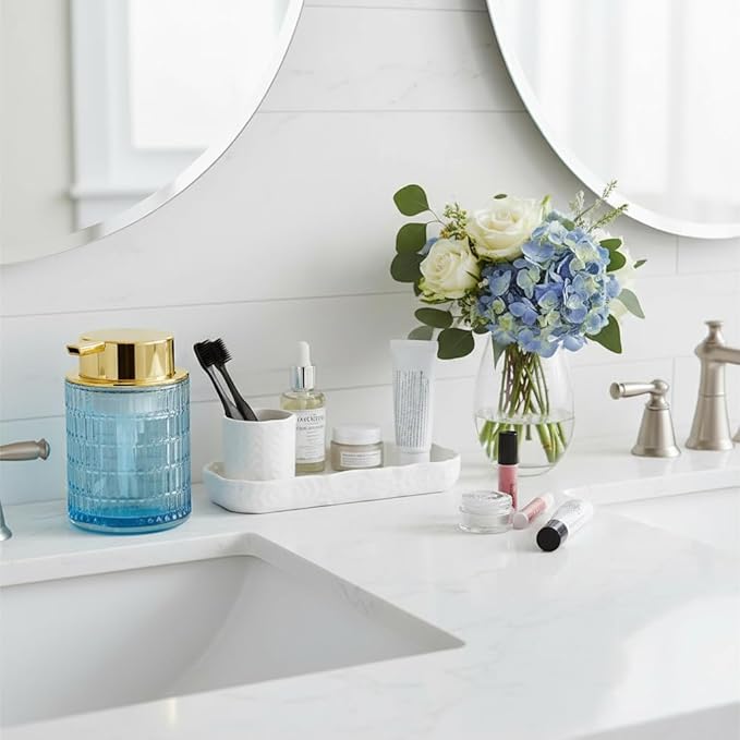 Tonxus Foaming Soap Dispenser, Blue Glass Foam Soap Dispenser for Bathroom and Kitchen, 10 Oz Refillable Foaming Pump Bottle with Large Pump, Ribbed Bottle Container Decor