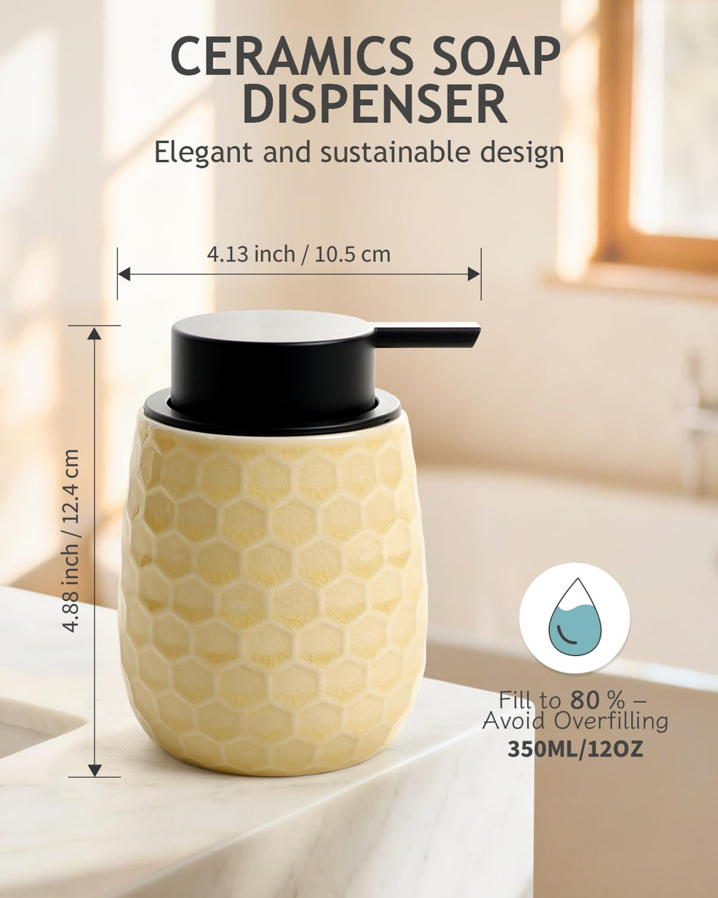 Soap Dispenser, 12OZ Ceramic Liquid Ice Crack Yellow Hand Soap Dispenser with Honeycomb Design for Kitchen or Bathroom, Refillable Dish Lotion Dispenser, ANTIS'S HOME
