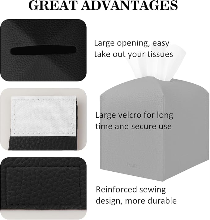 Tissue Box Cover Holder Square Tissue Cube Cover PU Leather Tissue Organizer with Bottom Belt for Bathroom, Tabletop, Car, Night Stands, Office, Home, Kitchen (1, Black)