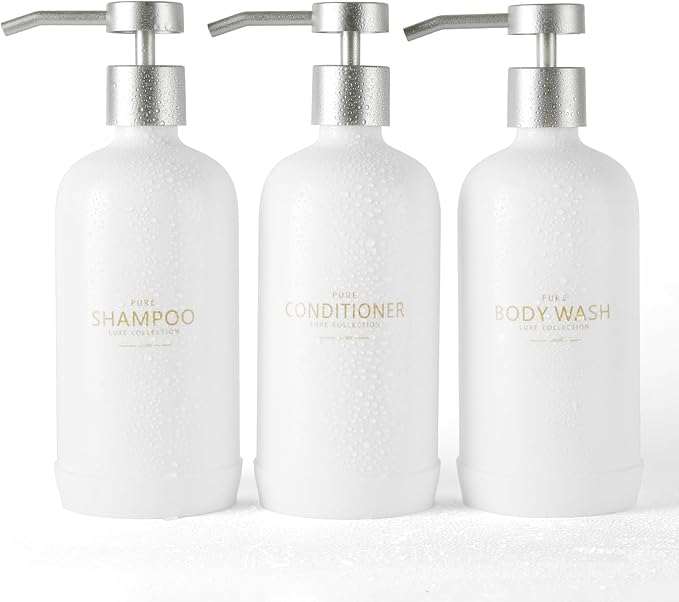 Janxin Shampoo and Conditioner Dispenser Set of 3,Refillable 21oz Shampoo Bottles with Non-Slip Protective Silicone Pad,Shower Soap Dispenser with Waterproof Labels for Bathroom (White)