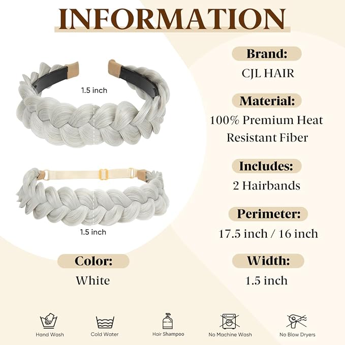 CJL HAIR 2PCs Braided Headbands Hair Piece for Women Synthetic Hair Hoops Head Bands Handmade Braid Hairband Accessories Elastic Stretch Headwrap White