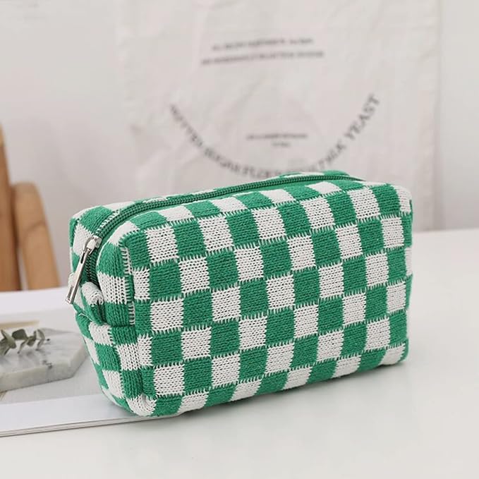 SxoSyo 2 Pcs Checkered Cosmetic Bags, Small Makeup Bag Purse, Green