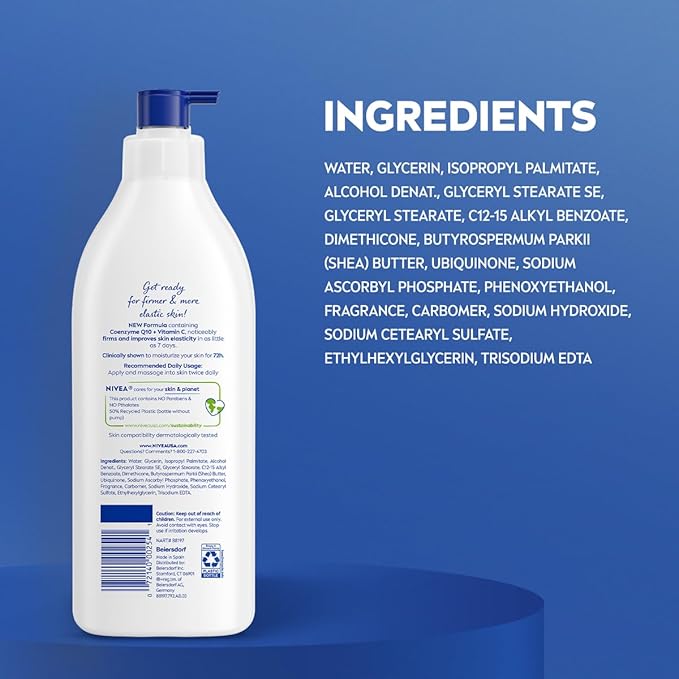 NIVEA Sheer Hydration Skin Firming Body Lotion with Q10 and Vitamin C, 72-Hour Body Moisturizer for Normal to Dry Skin, 16.9 Fl Oz Pump Bottle