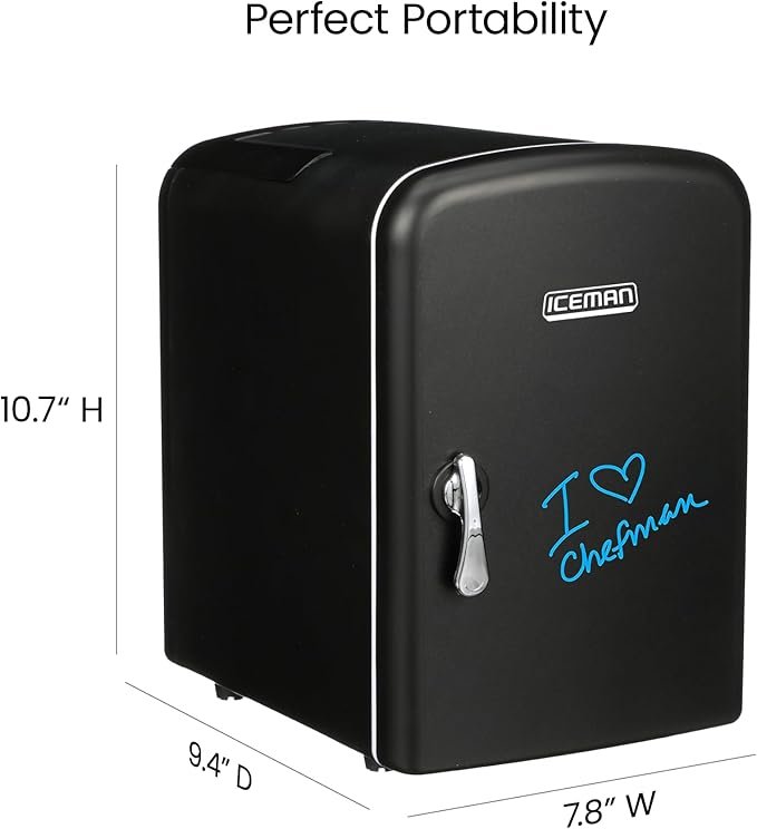 Iceman Mini Portable Board Personal Fridge, Cools & Heats, 4 Liter Capacity, Chills 6 12oz, 100% Freon-Free & Eco Friendly, Includes Plugs for Home Outlet & 12V Car Charger, 6 Cans, Black Dry Erase