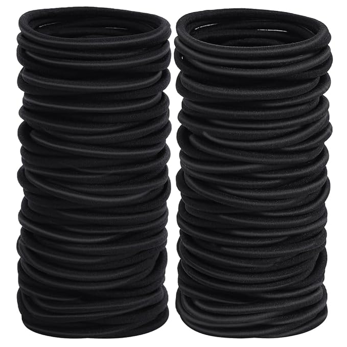 Sderoq 100pcs Womens Elastics Hair Tie, 4MM Black Ponytail Holders Hair Bands, 2 Inch in Diameter Elastic Band for Medium to Thick Hair (4mm Black)