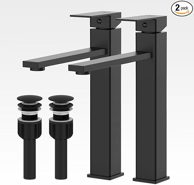 Bathroom Faucets(2 Sets),Matte Black Bathroom Faucet with Pop-up Drain and Supply Hoses,Single Hole High Barrel Vanity Faucet for Vessel Sink,Single Handle Stainless Steel RV Faucet