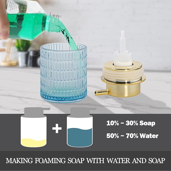 Tonxus Foaming Soap Dispenser, Blue Glass Foam Soap Dispenser for Bathroom and Kitchen, 10 Oz Refillable Foaming Pump Bottle with Large Pump, Ribbed Bottle Container Decor