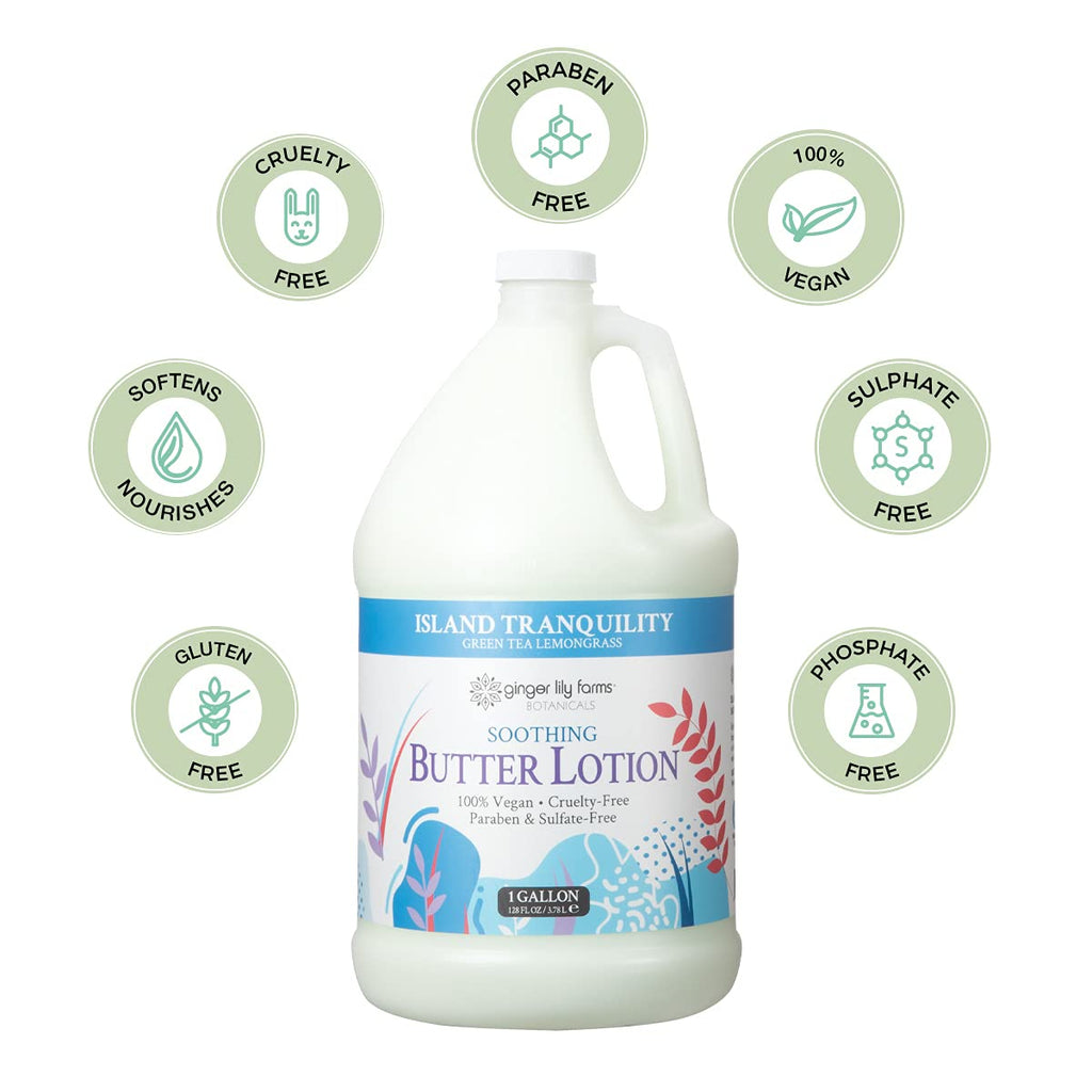 Ginger Lily Farm's Botanicals Soothing Butter Lotion for Dry Skin, Island Tranquility, 100% Vegan & Cruelty-Free, Green Tea Lemongrass Scent, 1 Gallon (128 fl oz) Refill