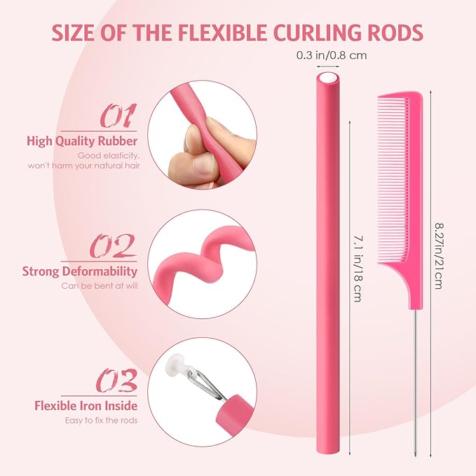 Syhood 30 Pcs Flexible Curling Rods 9.45 Twist Foam Rollers Soft Foam No Heat Hair Rods Rollers and 1 Steel Pintail Comb Rat Tail Comb for Women Long Short Hair(Pink,9.45 x 0.3 Inch)