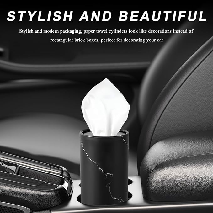 4PCS Car Tissue Holder, Car Cup Holder Convenient Travel Tissue Tube Box with Facial Tissues, Portable Round Tissues Holder Paper Towel Cylinder for Car Home Office (Marble Black)