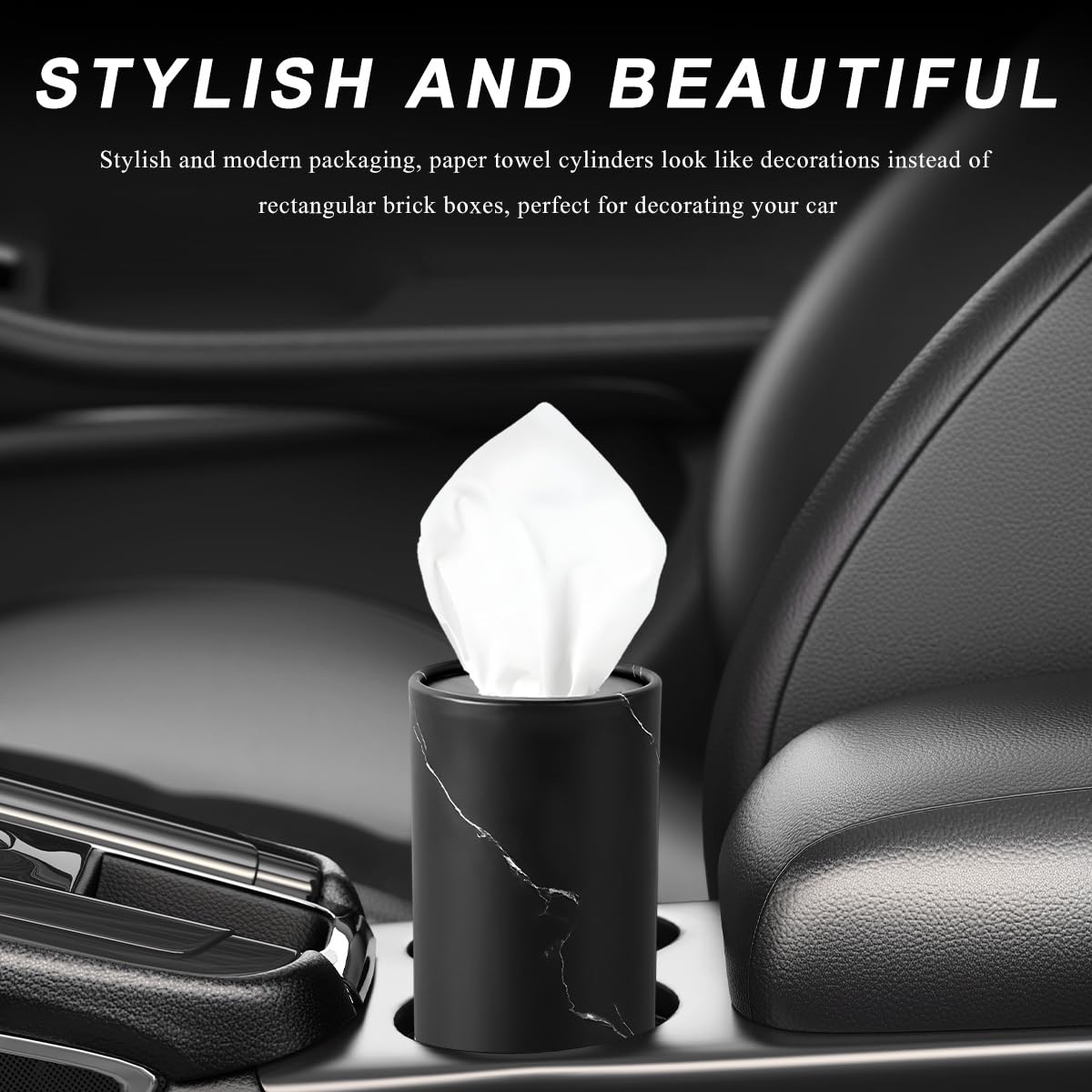 FSTURIOS 4PCS Car Tissue Holder, Car Cup Holder Convenient Travel Tissue Tube Box with Facial Tissues, Portable Round Tissues Holder Paper Towel Cylinder for Car Home Office (Marble Black)