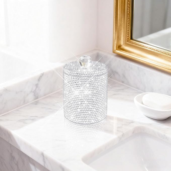 Yivaiks Bling Qtip Dispenser for Cotton Swabs, Balls, Pads, Floss Picks- Small Plastic Canister Apothecary Jar,Bathroom Essentials Accessories Decor, Vanity Makeup Qtip Holder Storage Organizer