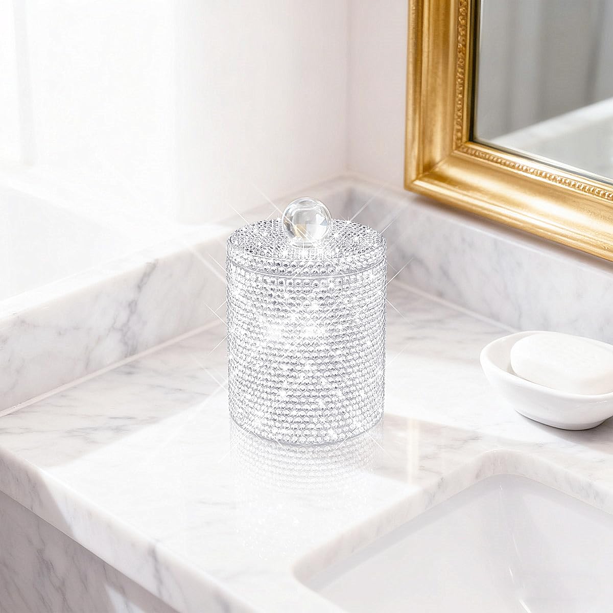 Yivaiks Bling Qtip Dispenser for Cotton Swabs, Balls, Pads, Floss Picks- Small Plastic Canister Apothecary Jar,Bathroom Essentials Accessories Decor, Vanity Makeup Qtip Holder Storage Organizer (1)
