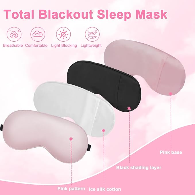 Cavoilu Sleep mask w/Cooling Gel Eye Mask, 2Packs Heated Eye Mask for Sleeping, Reusable Ice Silk Blackout Eye Cover Sleeping Mask for Travel, Home, Office, Yoga, Stocking Stuffers (Black+Pink)