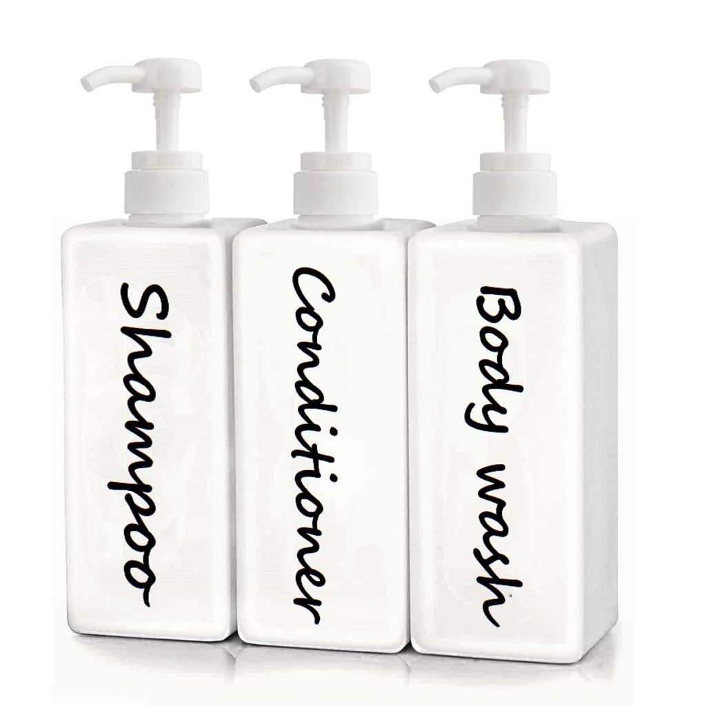 21oz Shampoo and Conditioner Dispenser (Set of 3) Modern Refillable Shampoo Pump Bottles for Shower Soap - Empty Shampoo Conditioner Body Wash Dispenser Set - Stylish Permanent Labels - for Bathroom
