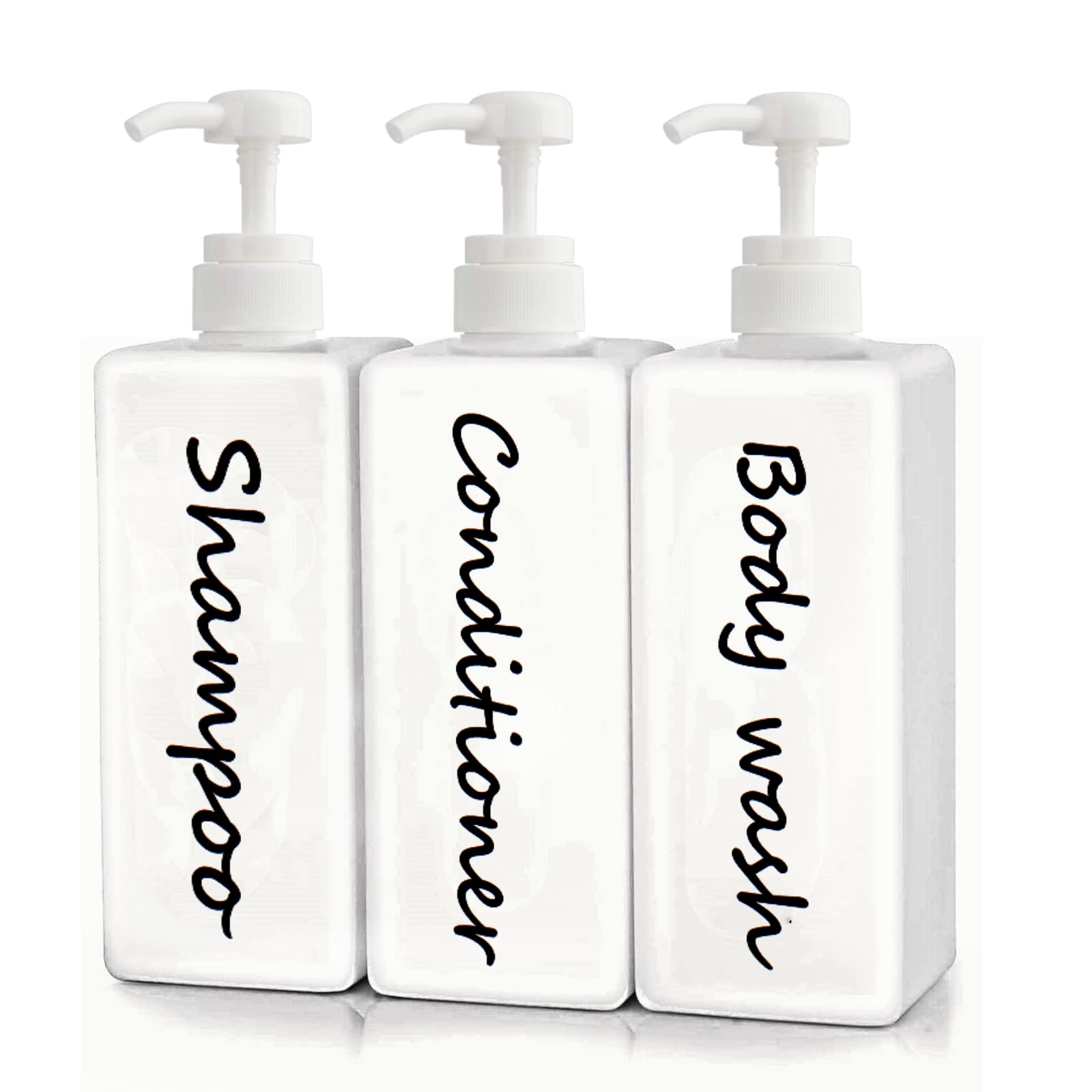 21oz Shampoo and Conditioner Dispenser (Set of 3) Modern Refillable Shampoo Pump Bottles for Shower Soap - Empty Shampoo Conditioner Body Wash Dispenser Set - Stylish Permanent Labels - for Bathroom