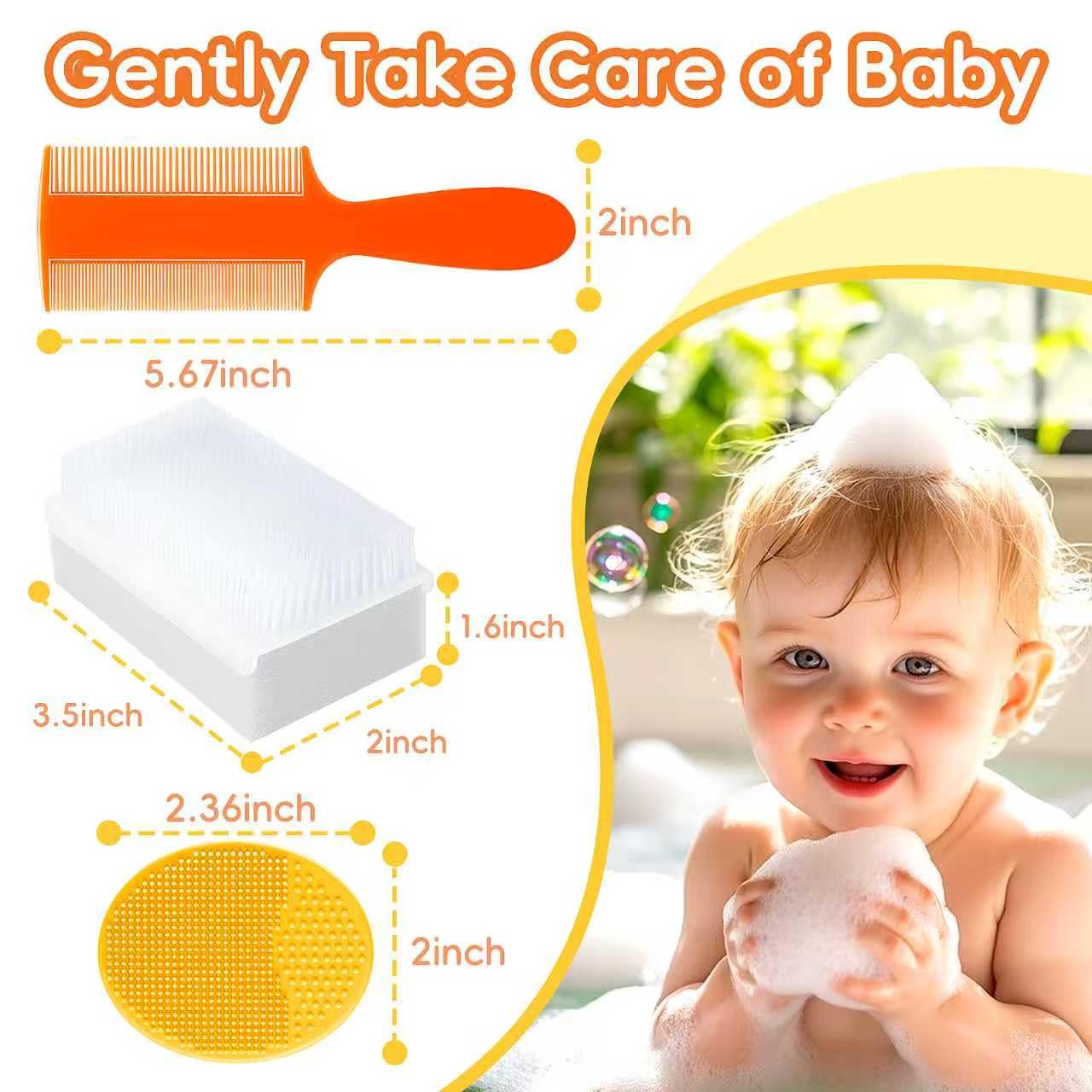 Cradle Cap Brush for Babies, Set of 5 Baby Bath Essentials with Bath Sponge Silicone Scrubber Long Handle Comb for Newborns Toddlers Boys Girls (Orange)