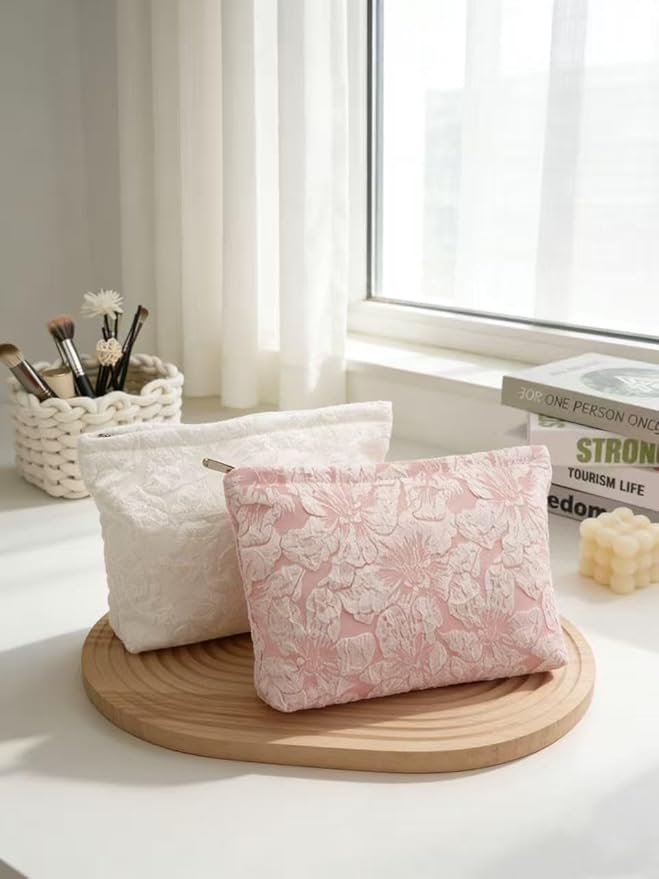 RIKMOXR 2-Pack Large Flower Makeup Bag Set - White & Pink Floral Canvas Cosmetic Organizer | Aesthetic Capacity Travel Toiletry Bag for Women (Makeup Brushes & Accessories Storage)