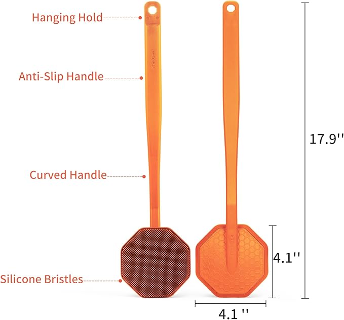 iTokGoK® Silver-Infused Silicone Back Scrubber with Long Handle Back Brush for Shower,Back Brush Long Handle for Men and Women,Ergonomic No-Slip Handle, Long-Lasting (Orange)