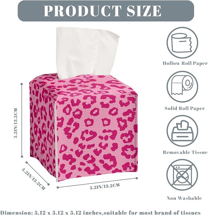 Leopard Print Tissue Box Cover Cute Animal Pink Square PU Leather Waterproof Tissue Box Holder for Car Bathroom Bedroom Office Tabletop Decor