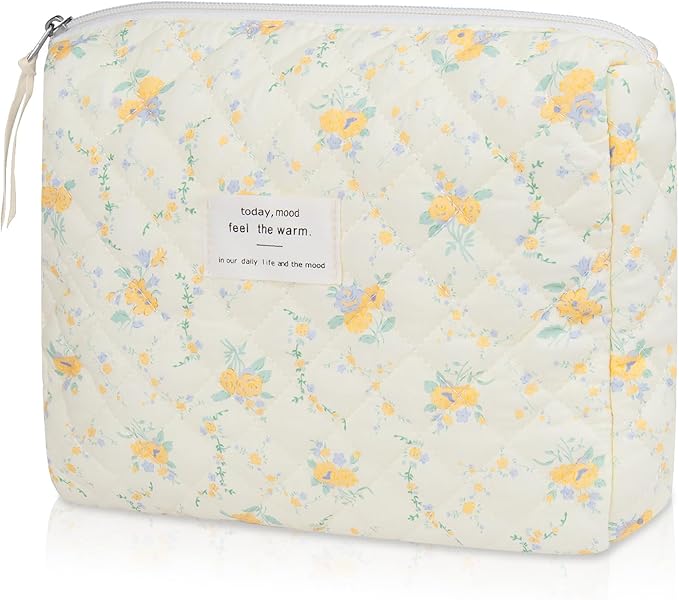 Gosect Floral Makeup Bag, Small Cosmetic Bag for Women Girls, Cute Cotton Makeup Bag, Quilted Makeup Bags, Flower Travel Toiletry Organizer Bag(Yellow Flowers)