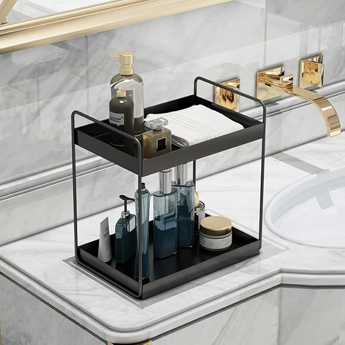 KINGBERWI 2 Tier Bathroom Counter Organizer, Standing Vanity Organizer Shelf for Bathroom Storage Organization, Countertop Skincare Makeup Organizers Holder, Black