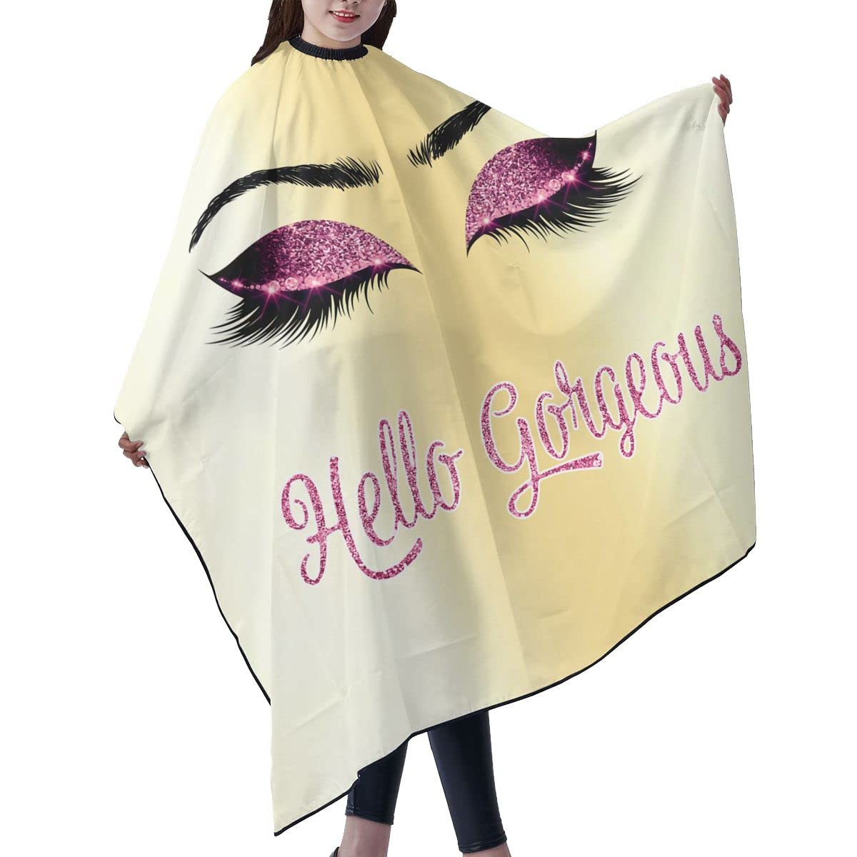 Carwayii Barber Cape Hello Girl Gorgeous Pink Eyelash Glitters Professional Salon Apron Water Resistant Golden Yellow Hair Cutting Cape Anti-Static Barbershop Kits For Women 55''X66''