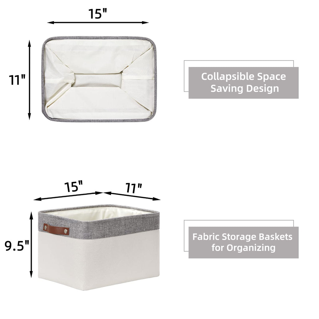 HNZIGE Large Storage Baskets for Shelves(3 Pack) Fabric Storage Toy Baskets with Handles, Decorative Foldable Storage Bins for Organizing (Gray&White-Leather Handles, 15"x11"x9.5")