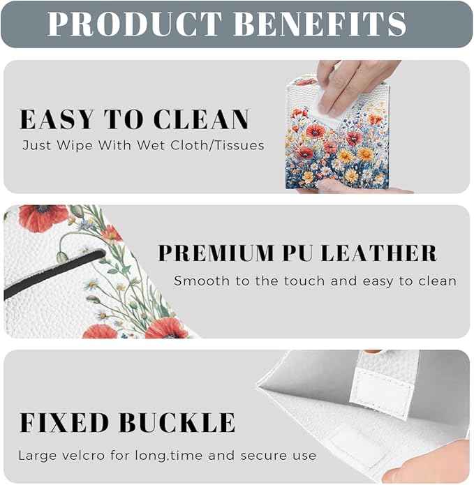 Flower Tissue Box Cover Red Poppy Daisy Wild Garden Watercolor Leather Tissue Box Holder Square Facial Paper Organizer Dispenser for Bathroom Kitchen Bedroom Vanity Countertop Night Stands