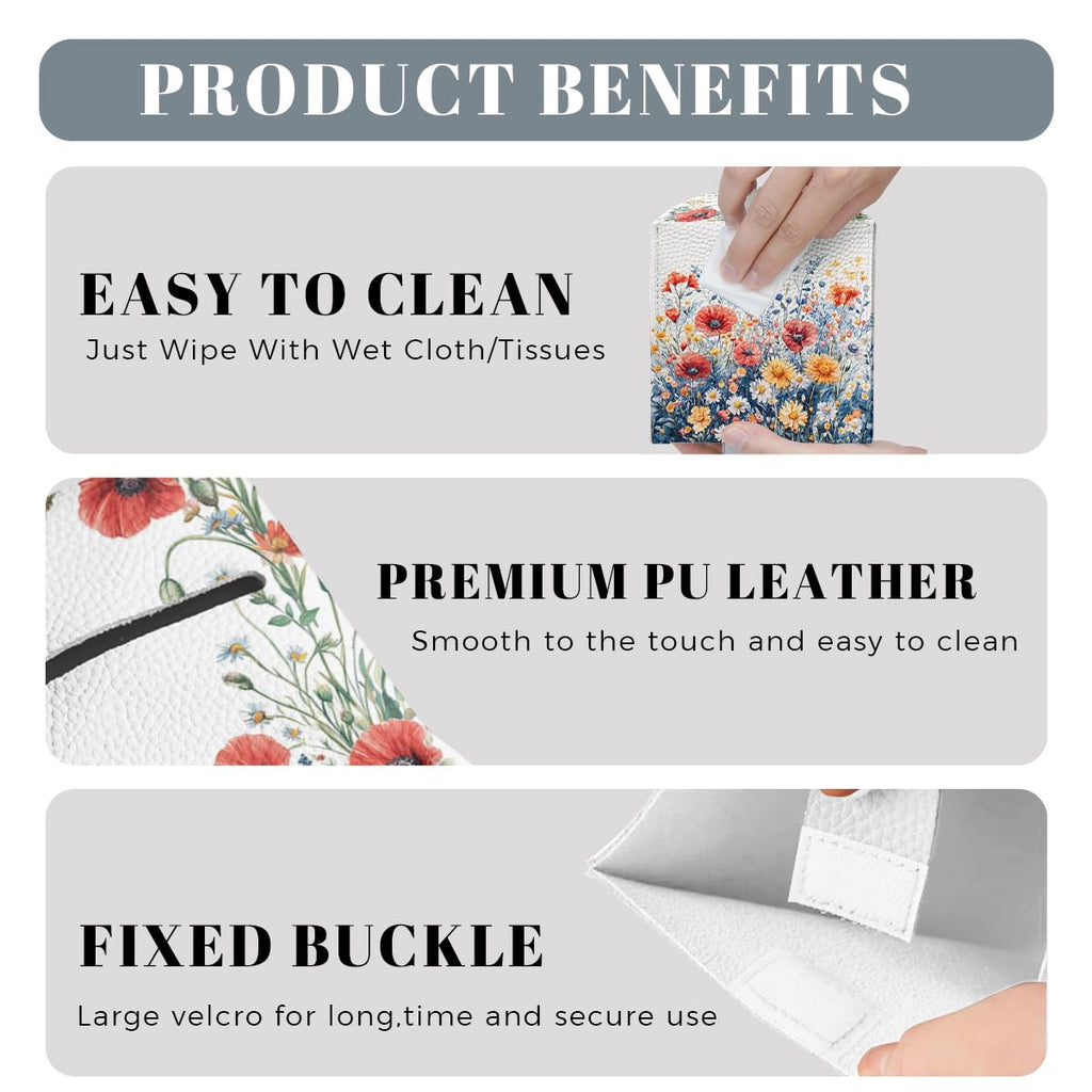 Flower Tissue Box Cover Red Poppy Daisy Wild Garden Watercolor Leather Tissue Box Holder Square Facial Paper Organizer Dispenser for Bathroom Kitchen Bedroom Vanity Countertop Night Stands