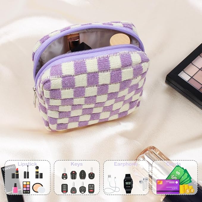 2 Pieces Makeup Bag Set, Small Checkered Cosmetic Bag Travel Toiletry Organizer Mini Purple Cosmetic Pouch Case Makeup Brushes Quilted Aesthetic Accessories Storage Bag for Women (Large+Mini Purple)