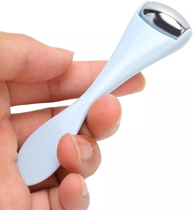Mini Eye Face Rollers Massager 304 Stainless Steel Ice Silicone Roller for Relief Pain Skincare Facial (Blue Color)