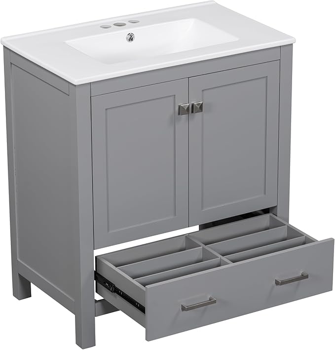 Bellemave 30" Bathroom Vanity with Sink Combo Set, Solid Wood Frame Bathroom Storage Cabinet with a Drawer, 2 Soft Closing Cabinet Doors with Organizer, Grey