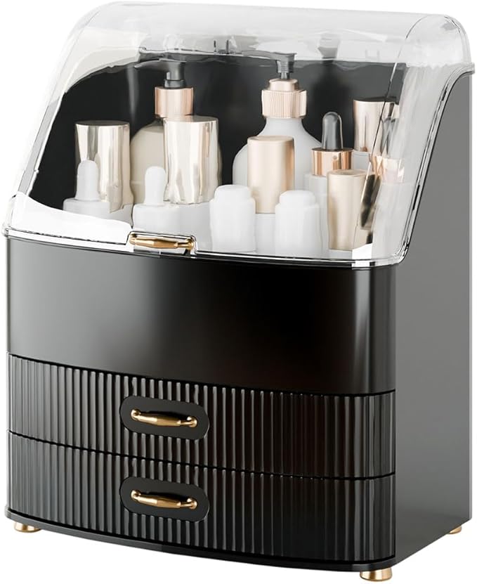 Plukers Makeup Organizer Countertop Vanity with Transparent Lid Drawers Waterproof Dustproof Cosmetic Skincare Bathroom Storage Gift for Women Teens Girls (Black)