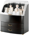 Plukers Makeup Organizer Countertop Vanity with Transparent Lid Drawers Waterproof Dustproof Cosmetic Skincare Bathroom Storage Gift for Women Teens Girls (Black)