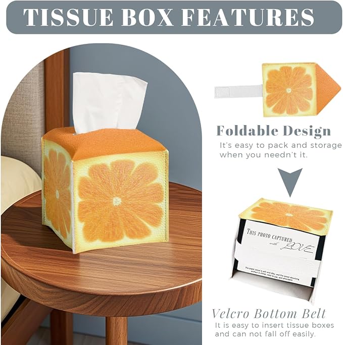 Cute Fruit Tissue Box Cover Funny Orange Citrus Square PU Leather Waterproof Tissue Box Holder for Bathroom Kitchen Bedroom Vanity Countertop Night Stands
