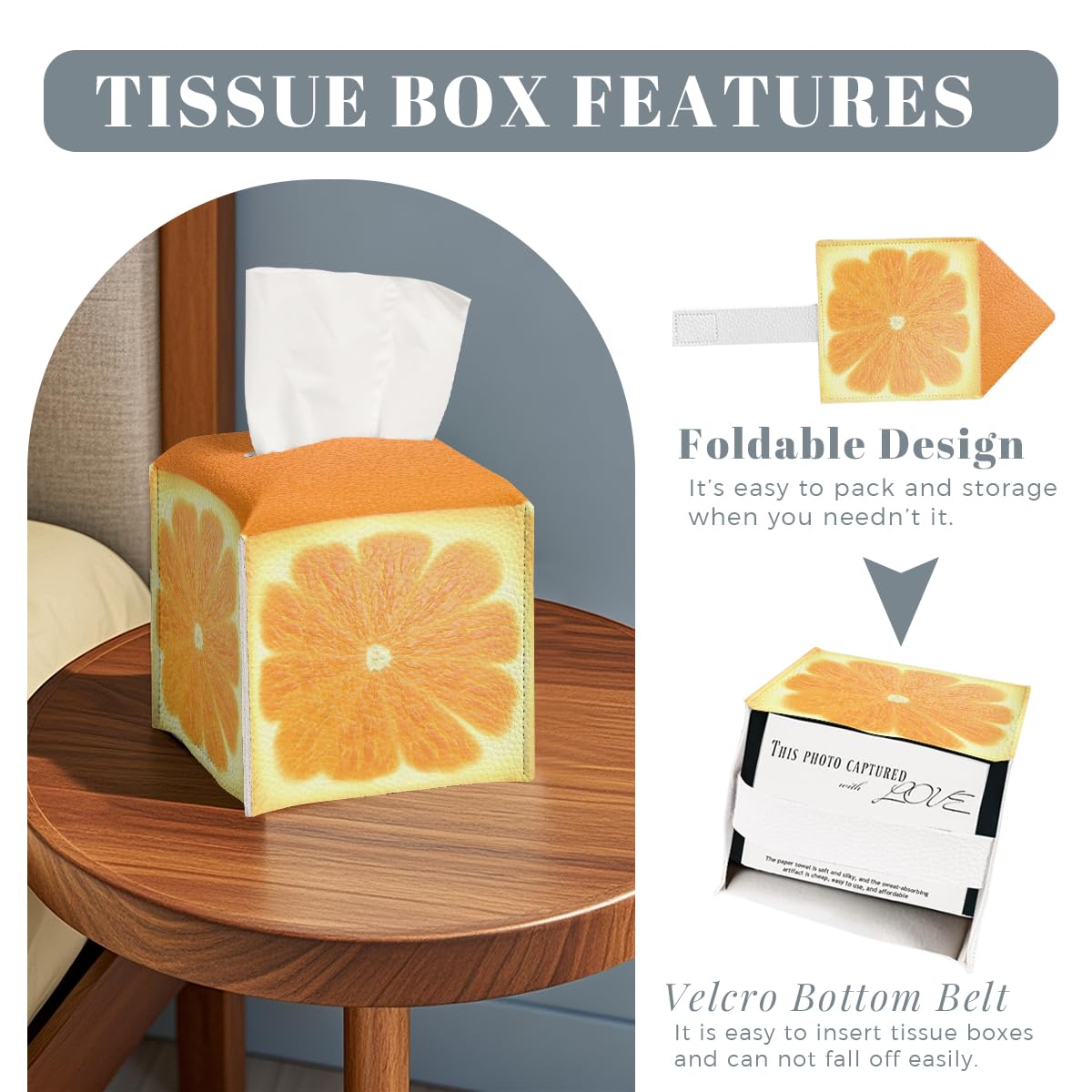 Cute Fruit Tissue Box Cover Funny Orange Citrus Square PU Leather Waterproof Tissue Box Holder for Bathroom Kitchen Bedroom Vanity Countertop Night Stands