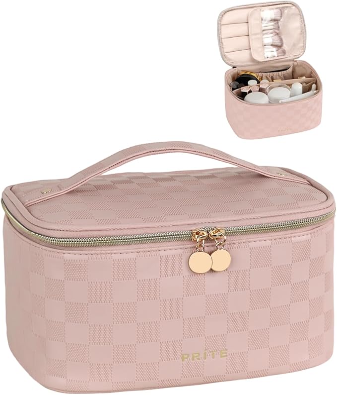 Prite Makeup Bag, Large Capacity Cosmetic Bag for Women and Girls, Waterproof PU Leather Travel Case with Handle, Divider for Skincare and Brushes - Checkered Pink