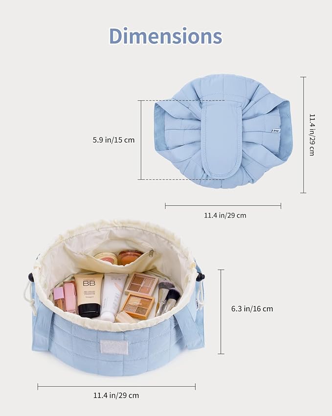 Narwey Lay Flat Open Drawstring Puffer Makeup Bag, Large Quilted Cosmetic Bag for Women Girls, Cute Make up Bags with Handle, Travel Toiletry Bag for Skincare, Brushes & Travel Essentials (Blue)