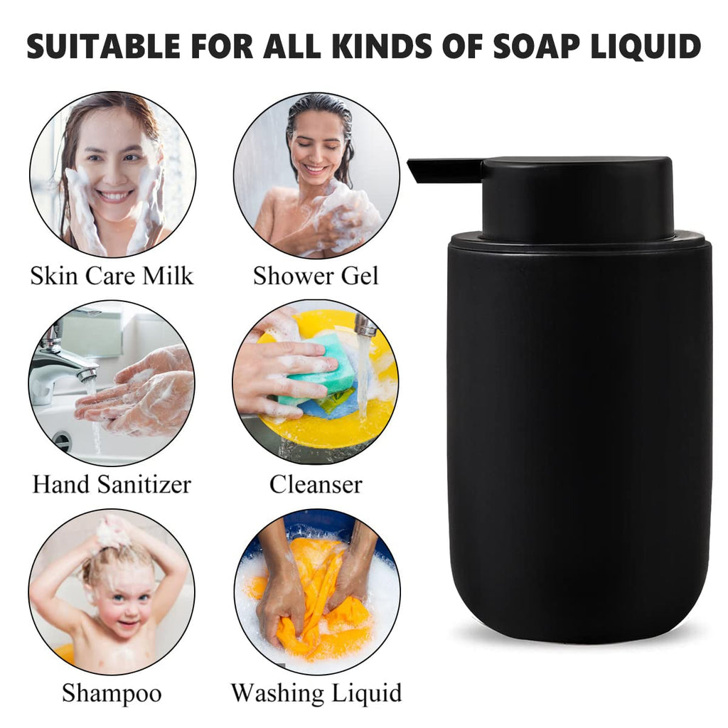 Black Soap Dispenser Set- Modern Ceramic Hand Dish Soap Dispenser for Bathroom Refillable Liquid Lotion Soap for Farmhouse Kitchen Decor Dish 2 Pack
