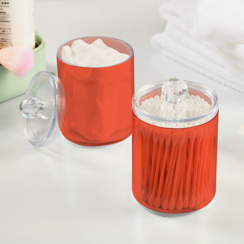 SHJI Tomato Red Qtip Holder Organizer Dispenser Cotton Swabs Cans Plastic Jars with Lid Set 2 Pack Bathroom Storage Canister for Cotton Ball Floss Cotton Pads