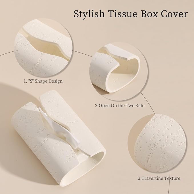 Haocoott Tissue Box Cover Rectangle, Travertine Look, Curved Open, Cream