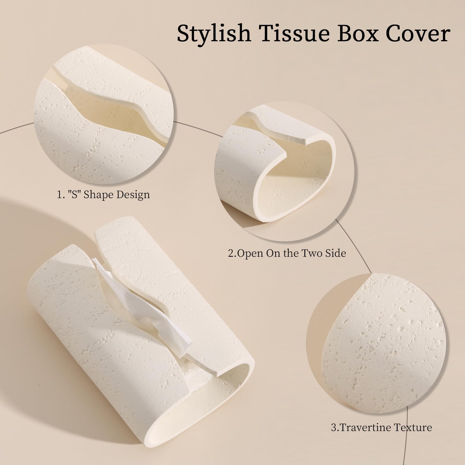 Haocoott Tissue Box Cover Rectangle, Travertine Look, Curved Open, Cream