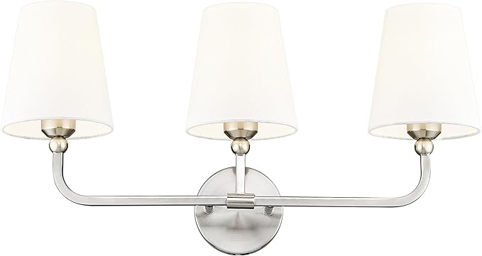 Bathroom Light Fixtures, Brushed Nickel Vanity Lights with Flared White Fabric Shade, 3 Light Wall Sconce, Modern Sconces Wall Lighting for Hallway Bedroom, VL837-BN-3
