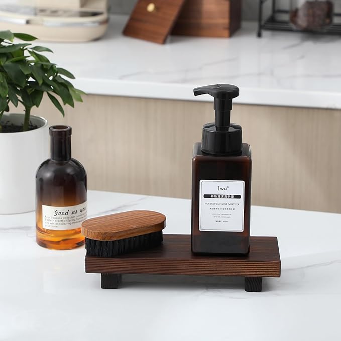 Bathroom Counter Organizer Wood Pedestal Stand Farmhouse Decorative Tray Soap Holder for Kitchen Decor, Small, Dark Brown
