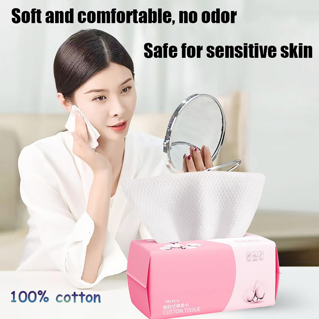 Disposable Face Towel 100 Count for Washing Soft Cotton Dry Wipes Facial Cloths Towelettes for Washing and Drying, Facial Tissue for Cleansing, Skincare and Makeup Remover
