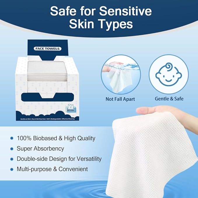 GLIMGLINT Face Towels，200 Count (4 Box) Disposable Face Towelettes, Biodegradable Makeup Remover Dry Wipes, Super Soft Clean Facial Towels Wash Cloth for Sensitive Skin