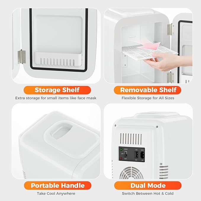 YASHE Mini Fridge, 4 Liter/6 Can Mini Makeup Fridge, 110V AC/ 12V DC Portable Thermoelectric Cooler&Warmer for Skincare, Drink, Cosmetic, Medicine, Small fridge for Bedroom, Office, Dorm, Car, White